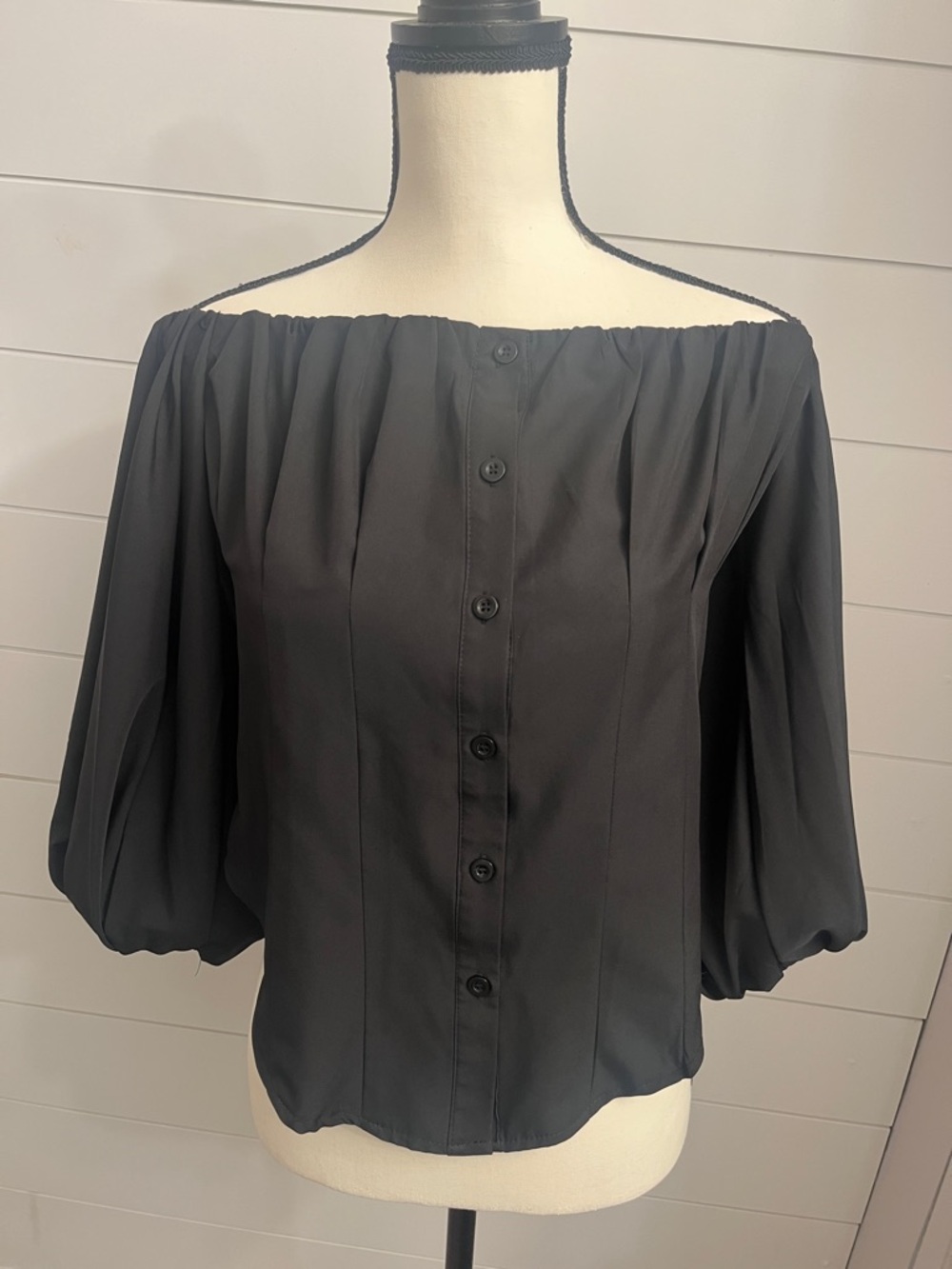 Off-Shoulder Black Button-Front Women's Blouse